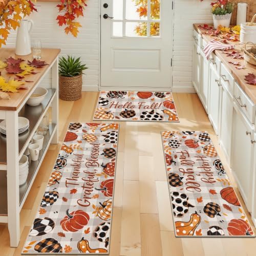 U'Artlines Fall Plaid Pumpkin Kitchen Rugs with Runner Sets 3 Piece by UArtlines