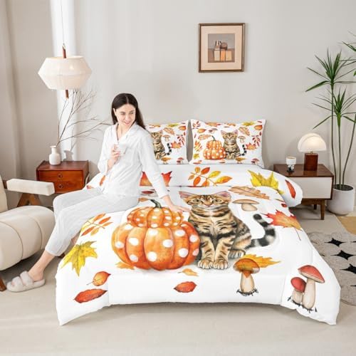 Erosebridal Pumpkin Comforter Cat Fall Decor Bedding Cartoon Cat Bedding Comforter Sets, Autumn Harvest Theme Duvet Insert Thanksgiving Gifts Down Comforter for Girls Boys Bedroom Collection, King - Image 5