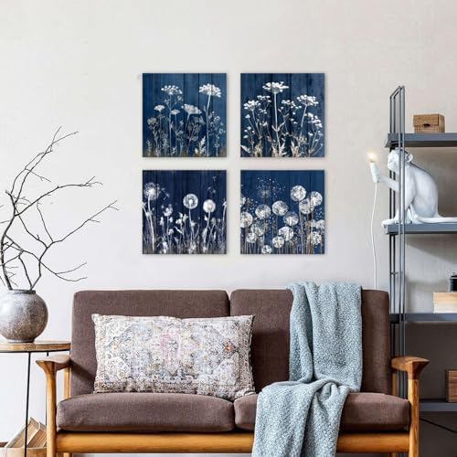 Farmhouse Dandelion Wall Art White Wildflower Canvas Picture for Bathroom Vintage Navy Blue Botanical Flower Painting Contemporary Still Life Plant Wall Decor Office Kitchen Home Decorations 20x20" 4P - Image 4