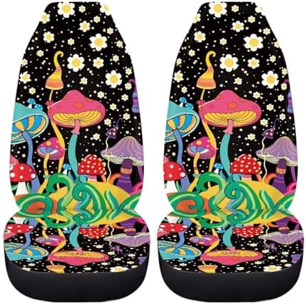 Colorful Mushroom White Floral Print 2 PCS Cool Graphic Car Seat Covers Unique Print Front Auto Seat Cover,Car Bucket Seats Protector Covers Universal fit for SUV Sedan Van