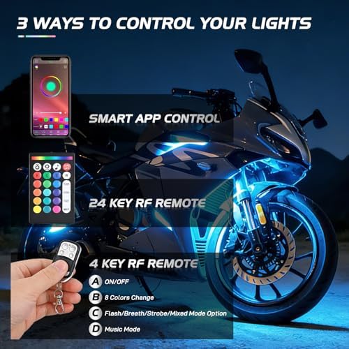 Nilight 8PCS Motorcycle RGB Led Light Kit Waterproof Multi Color Atmosphere Neon Accent APP and Remote Control Underbody Strips for Harley Davidson Honda Kawasaki Suzuki