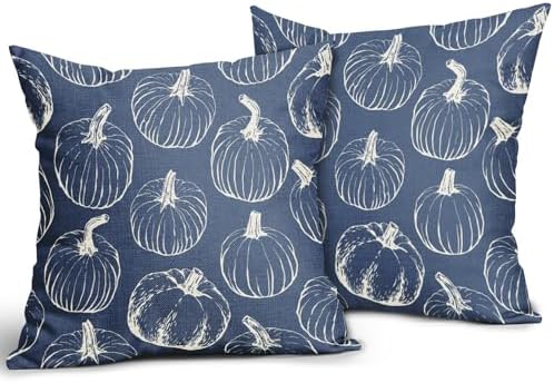 Blue Fall Pumpkin Pillow Covers 22x22 Set of 2 Autumn Themed Thanksgiving Cream Print Decorative Throw Pillows Outdoor Pillowcase Farmhouse Linen Cushion Case Decor for Home Sofa Couch Bed - Image 2