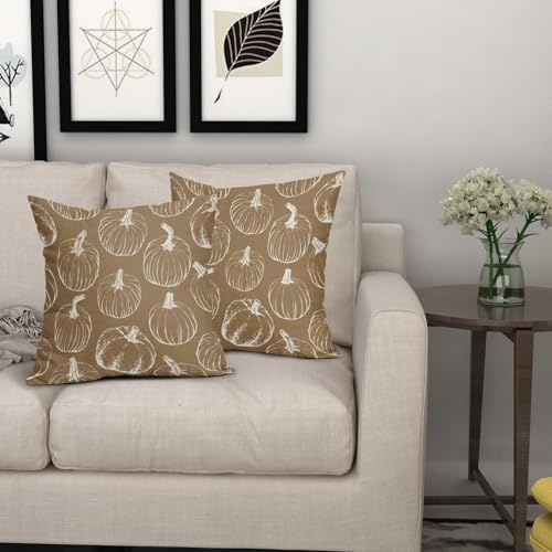 Brown Fall Pumpkin Pillow Covers 24x24 Set of 2 Autumn Themed Thanksgiving Cream Print Decorative Throw Pillows Outdoor Pillowcase Farmhouse Linen Cushion Case Decor for Home Sofa Couch Bed - Image 7