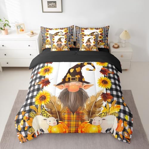 Erosebridal Fall Gnome Bed in a Bag Full 7 Pieces - Full Size Comforter Set,Autumn Maple Leaves Bedding Sets Thanksgiving Pumpkin Santa Dwarf Bed Set with Comforter,Sheets,Pillowcases & Shams - Image 3