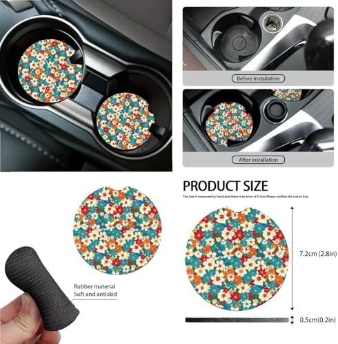 Colorful Hippie Daisy Print 15Pcs Car Seat Cover Full Set Car Steering Wheel Cover Seat Belt Cover Trash Bin Air Vent Storage Box Front Rear View Mirror Car Cup Holder Keychain