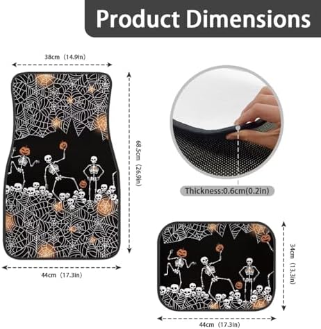 Black White Spider Web Skeleton Print Funny Halloween Car Floor Mats 4 PCS, Cute Durable Interior Accessories for Car SUV, All Weather Floor Mats with Front Rear Trunk Liners Set for Party