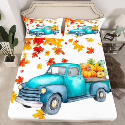 Pumpkin Truck Bed Sheets Fall Thanksgiving Harvest Seasonal Fitted Sheet Set Twin Autumn Maple Leaf Bedding Set Farmhouse Home Room Decor Watercolor Rustic Sheet Set Orange White Flat Sheet 3 Pcs - Image 3