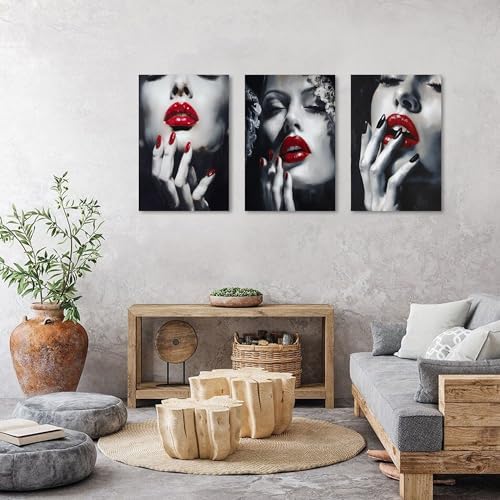 Black and White Fashion Wall Art Abstract American Women Canvas Prints Poster Trendy Girl Red Lip Painting Elegant Woman Picture Watercolor Girly Artwork Bedroom Living Room Home Decoration 24x36" 3P - Image 4