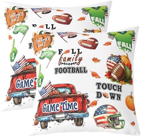 Manfei Autumn Rugby Throw Pillow Covers 2 Pack,Rustic Fall Pumpkin Maple Leaves Double Sides Print Cushion Covers for Sofa,Football Sports Theme White Pillow Covers,22"x 22" by Manfei