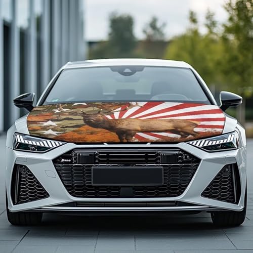 American Elk Print Car Hood Cover Polyester,Engine Protection Cover，Elastic Fabrics Can be Washed,Car Bonnet Banne