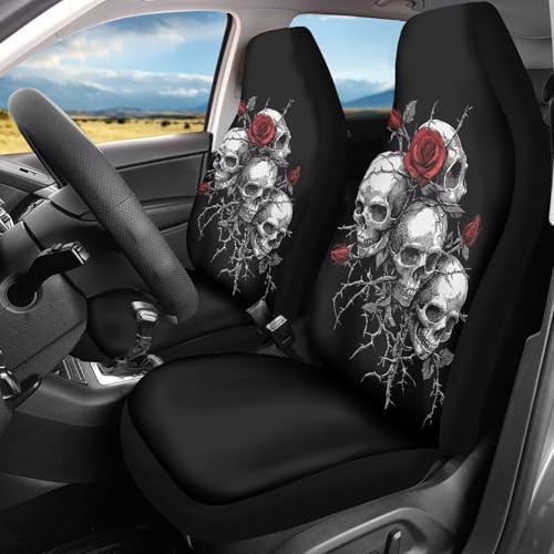 Halloween Skull Rose Car Seat Covers 2 Pcs Universal Front Car Seats Breathable Stretch Polyester Fabric Cover Easy Installation Suitable for Cars, SUV and Trucks