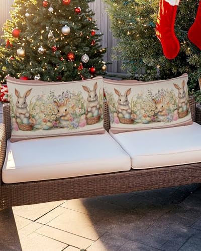 JasmineM Happy Easter Bunny Pillow Covers 12x20 inch Set of 2, Spring Florals Colorful Eggs Decorations Outdoor Throw Pillow Covers, Cotton Linen Lumbar Pillowcases for Sofa Couch Bedroom Decorative - Image 4