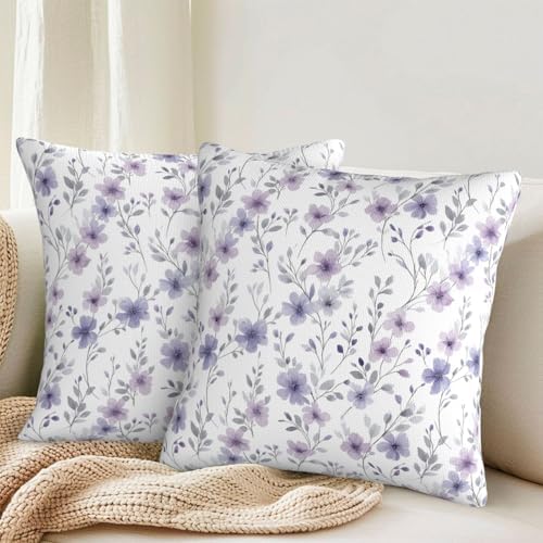 KiuLoam Spring Purple Floral Pillow Covers 20x20 Inch Set of 2, Grey Purple Flower Leaf Rustic Decorative Throw Pillows, Farmhouse Outdoor Square Cushion Cases for Sofa Couch Bed Home Decor - Image 2