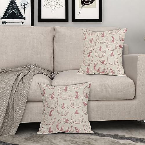 Fall Pillow Covers 18x18 Set of 2 Pink Pumpkin Autumn Themed Thanksgiving Harvest Print Decorative Throw Pillows Outdoor Pillowcase Farmhouse Linen Cushion Case Decor for Sofa Couch Bed - Image 3