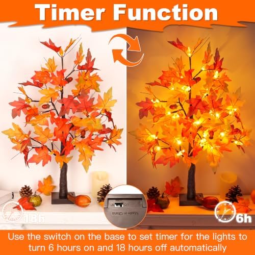 2 Pack 24 Inch Prelit Fall Maple Tree Fall Thanksgiving Decorations with 48 LEDs Battery Operated Timer Lighted Acorn Maple Artificial Tabletop Light Up Tree for Home Indoor Thanksgiving Table Decor - Image 3