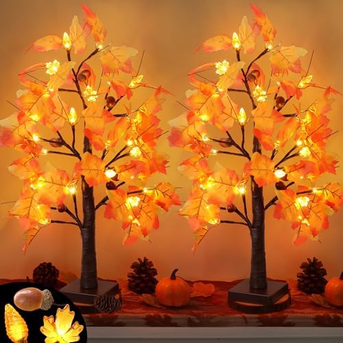 2 Packs 24 Inch Lighted Maple Tree Fall Thanksgiving Decorations with 48 LEDs Timer Battery Operated 3D Acorn Maple Lampshade Artificial Autumn Tree Lights for Thanksgiving Table Decor Home Indoor by Unknown
