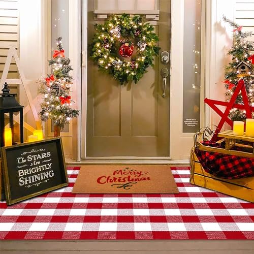 Christmas Red and White Plaid Rug, 4 x 6 Feet Washable Cotton Blend Woven Area Rug for Large Covered Front Porch, Entryway and Living Room, Reversible Buffalo Check - Image 2