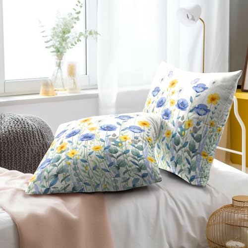 Spring Blue Yellow Flowers Throw Pillow Covers 18X18 Inches Set of 2 Poppy Floral Butterflies Pillowcase Soft Cotton Square Seasonal Cushion Covers for Living Room Sofa Bedroom Decor - Image 6