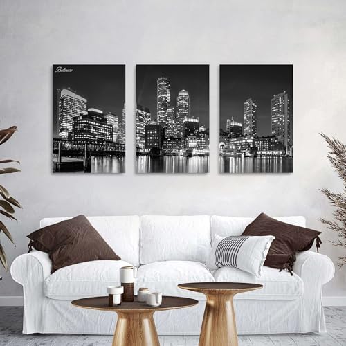 Baltimore Skyline Wall Art Black and White Night Maryland Skyscraper Pictures Prints Office Wall Decor USA Cityscape Canvas Painting Harbor City Panoramic Artwork for Bedroom Home Decoration 24x36" 3P - Image 2