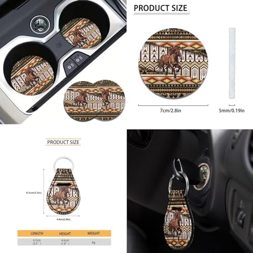 12Pcs Brown Horse Auto Seat Cover Protection Front Rear Seats,Breathable 15 Inch Steering Wheel Covers+Coaster+Keychain+Armrest+Seat Belt Pads,Southwestern Tribal Horse Car Accessory Decor