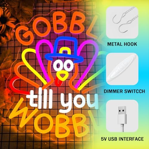 Turkey Neon Sign Thanksgiving Neon Sign Dimmable Thanksgiving Neon Light Sign for Home Decor Gobble Till You Wobble Sign for Autumn Decor Kids Holiday Gift - Image 4