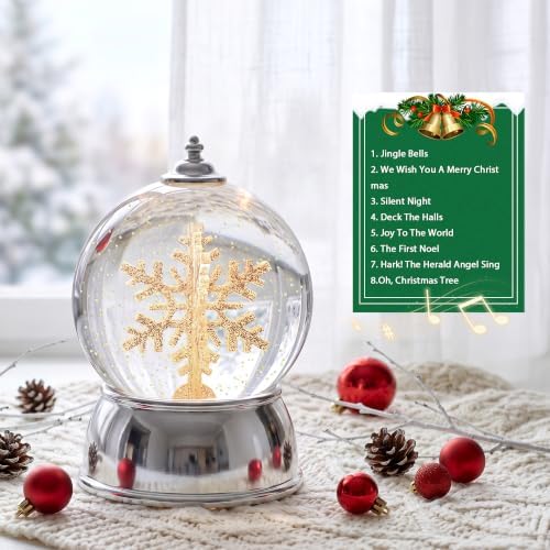 Christmas Snow Globe with Music & Swirling Glitter, Silver Snowflake Snow Globe with Timer, USB & Battery Powered Musical Water Globe for Indoor Christmas Decorations, Tabletop - Image 4