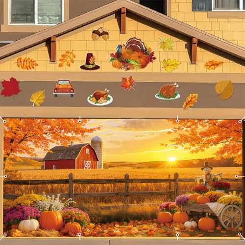 Fall Thanksgiving Garage Door Cover 7x16ft Large Hanging Backdrop Decorations Autumn Farm Harvest Friendsgiving Party Double Garage Door Banner Fabric Photo Background Outdoor - Image 2