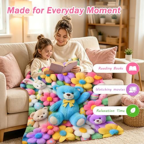 Jekeno 3D Plush Teddy Bear Blanket Gift, Floral Print Flannel Throw 60"x50" - Image 4