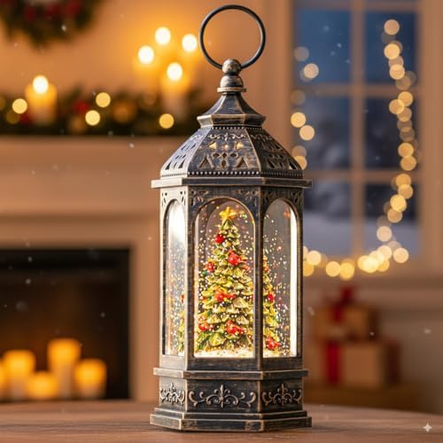 Christmas Snow Globe Lantern Water Glittering Christmas Tree with Cardinal, USB Lined/Battery Operated Lighted Lantern for Christmas Festival Decoration Gifts - Image 6