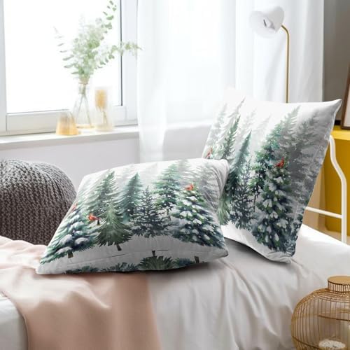 Winter Watercolor Snowflake Throw Pillow Covers 12X12 Inches Set of 2 Green Pine Tree Forest Red Bird Pillowcase Soft Cotton Square Cushion Covers for Home Sofa Bedroom Decoration - Image 6