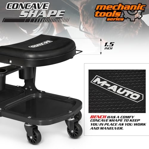 M-AUTO Garage Roller Seat Heavy Duty Rolling Shop Mechanic Creeper/Shop Stool with Tool Tray and Equipment Rack, 300LBS Capacity Creeper Seat with 5 Rollers for Detailing Car, Red - Image 5