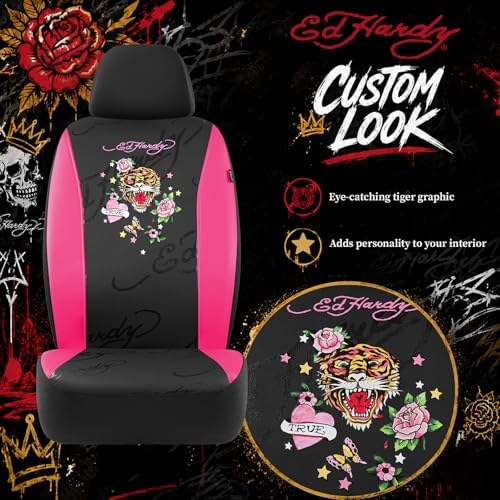 ED HARDY Tiger Print Car Seat Covers, Hot Pink Premium Leather Front Seat Covers, Universal Fit Automotive Covers for Most Cars, Trucks & SUVs, Airbag Compatible, Waterproof, Scratch Resistant