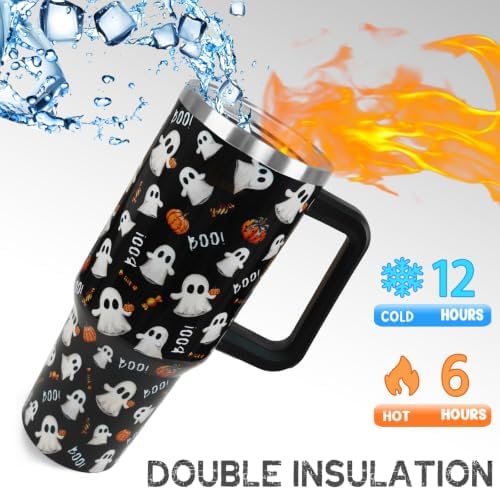 Halloween Tumbler with Handle 40oz Cute Ghost Pumpkin Coffee Travel Mug Stainless Steel Insulated Cups Halloween Trick or Treat Dark Aesthetics Decor Gifts - Image 3