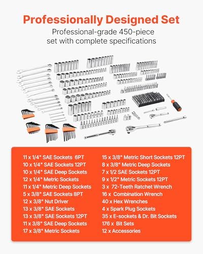 VEVOR Mechanics Tool Set and Socket Set, 450 PCS, 1/4" 3/8" 1/2" Drive - Image 3