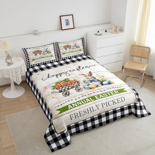 Homewish Easter Rabbit Comforter Set Twin Size,Watercolor Carrot Eggs Flower Bedding Set for Kids Girls Boys Adult Room Decor,Rustic Farmhouse Quilt Set Black White Plaid Duvet Insert,1 Pillowcase - Image 3