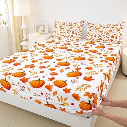 Happy Fall Fitted Sheet Halloween Autumn Pumpkin Bed Sheets King,Cute Fall Flowers Maple Leaf Bedding Set Thanksgiving Sheet Set Gifts for Kids Boys Girls Fall Home Bedroom Decor Flat Sheet 4 Pcs - Image 6