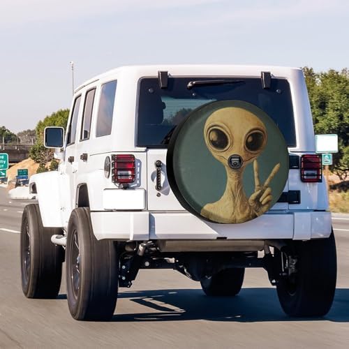 KiuLoam Martian Alien Peace Sign Retro Spare Tire Cover with Backup Camera Hole Universal Sunscreen Waterproof Wheel Covers for Trailer RV SUV Truck and Many Vehicles (16" for Diameter 29"-31")