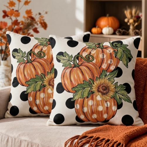 Fall Pillow Covers 22x22 Set of 2, Thanksgiving Orange Pumpkin Sunflower Polka Dot Decorative Throw Pillow Cases Autumn Harvest Outdoor Seasonal Farmhouse Decor for Sofa Couch Bed by Unknown