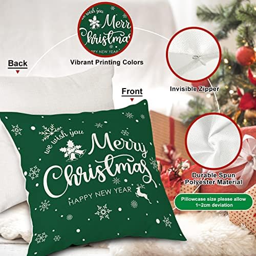 Lanpn Christmas Throw Pillow Covers 18x18 Set of 4, Merry Christmas Winter Xmas Snowflake Decorative Holiday Cushion Pillow Cases 18 x 18 for Outdoor Indoor Farmhouse Home Room Couch Decor (Green) - Image 5