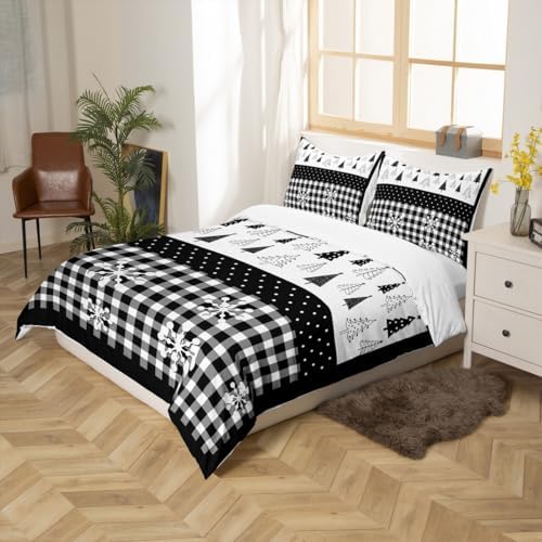 Merry Christmas Kids Duvet Cover Set Twin Size,Christmas Trees Snowflake Xmas Bedding Set,Girls Boys Adults Room Decor,Geometric Grids Dots Comforter Cover,Black White Chic Quilt Cover,1 Pillowcase - Image 5