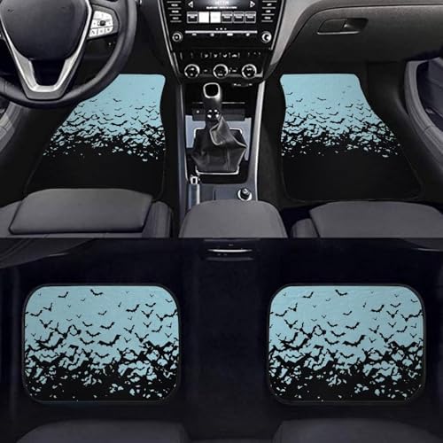 Aqua Black Bat Print Funny Halloween Car Floor Mats 4 PCS, Cute Durable Interior Accessories for Car SUV, All Weather Floor Mats with Front Rear Trunk Liners Set for Party