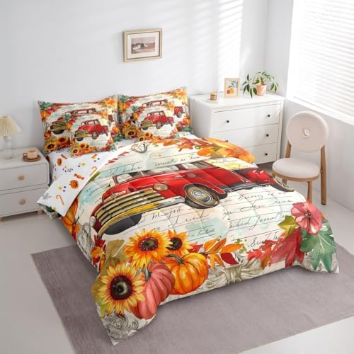 Erosebridal Red Farm Truck Car Bed in a Bag Full Comforter Set 7 Piece,Thanksgiving Pumpkin Fall Leaves Bedding Sets Autumn Harvest Farmhouse Sheet Set with Comforter - Image 2