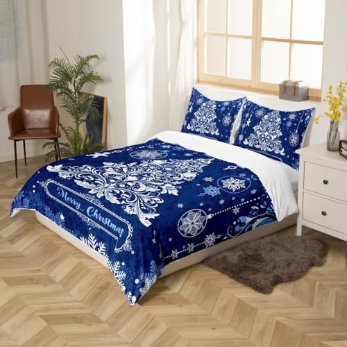 Merry Christmas Kids Duvet Cover Set Twin Size,Christmas Tree Paisley Boho Bedding Set,Girls Boys Adults Room Decor,Snowflake Bell Holiday Comforter Cover,Blue Romantic Quilt Cover,1 Pillowcase - Image 5