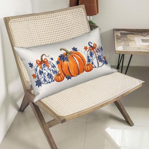 Fall Pillow Covers 12x20 Set of 2 Chinoiserie Blue and Orange Pumpkin Throw Pillows Autumn Thanksgiving Decorative Pillow Cases Harvest Outdoor Decor Linen Farmhouse Cushion Case for Couch Bed - Image 5