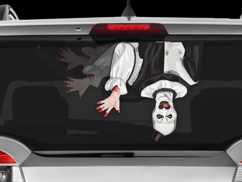Terrifying Killer Clown Waving Arm WiperTags with Laminated Window Decal attaches to Rear Vehicle Wiper Accessory. All Weather Resistant and UV Protected. Quality Made in USA.