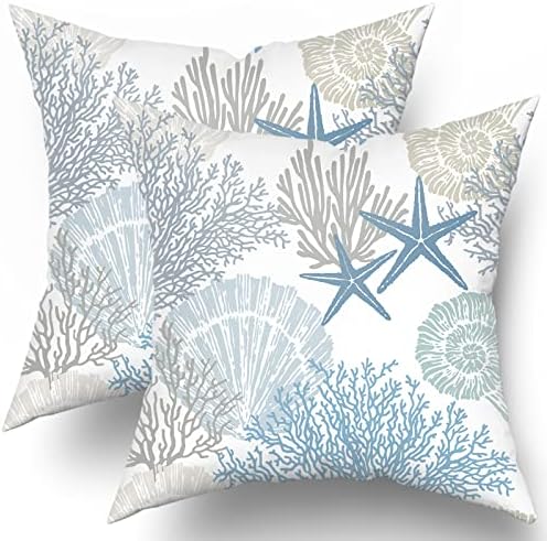 Nautical Coastal Throw Pillow Covers 22x22 Inch Summer Ocean Themed Seashell Coral Starfish Pillow Cases Set of 2 Soft Cotton Square Cushion Covers for Home Couch Sofa Patio Bedroom by Sweetshow