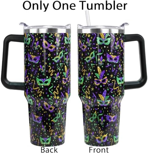 Mardi Gras Tumbler 40 oz Carnival Masks Tumbler Coffee Mugs Leak Proof Cups with Handle and Straw Stainless Steel Insulated Water Bottle for Mardi Gras Decor Gifts(1PCS) - Image 3