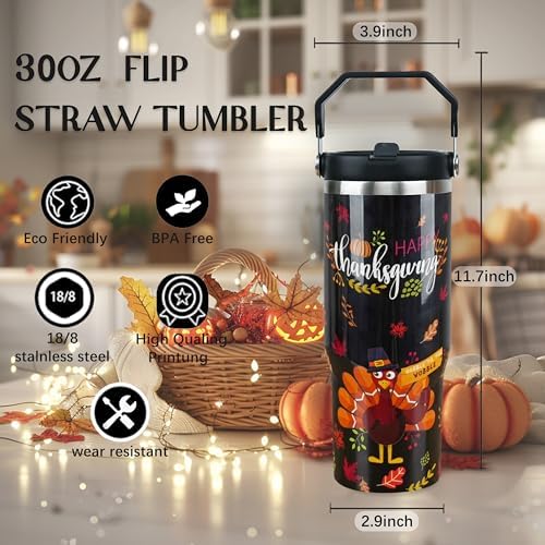 30oz Fall Tumbler with Handle and Flip Straw, Fall Gifts for Women, Reusable Stainless Steel Thanksgiving Tumbler, Insulated Leak Proof Travel Coffee Mug, Thanksgiving Gifts - Image 5