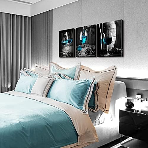 Turquoise Wine Wall Art for Kitchen Teal Wall Decor Living Room Gray and Black Wine Glass Canvas Pictures Dining Room Art Wall Decor Casks Posters Family Bar Modern Home Decorations 12x16" 3 Piece/Set - Image 5
