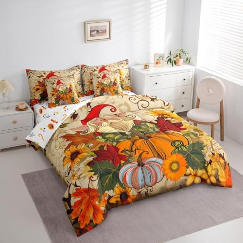 Fall Gnome King Size Comforter Set - Bedding Set King 7 Pieces,Thanksgiving Autumn Harvest Bed in a Bag Maple Leaf Sunflower Pumpkin Decor Bed Set with Comforter,Sheets,Pillowcases & Shams - Image 2